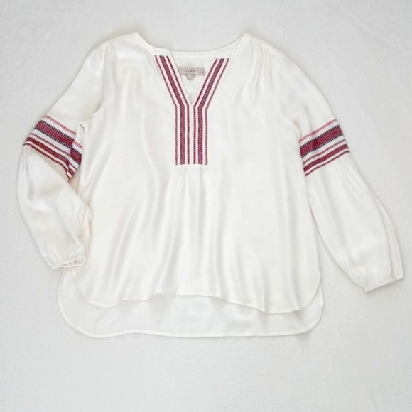 Ann Taylor LOFT Cream Rayon Blend Blouse w Red Stripe Embroidery Trim Blouse MP - Picture 6 of 13